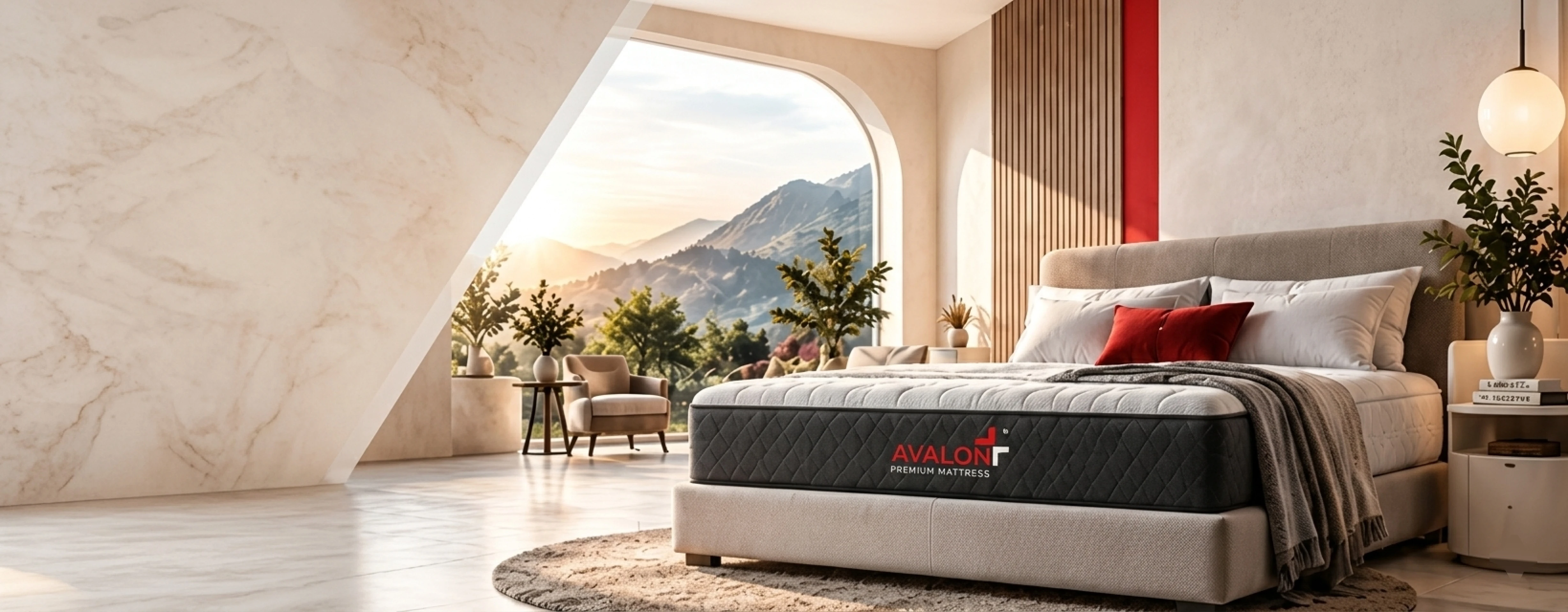 Premium Avalon mattress in a modern bedroom with mountain views